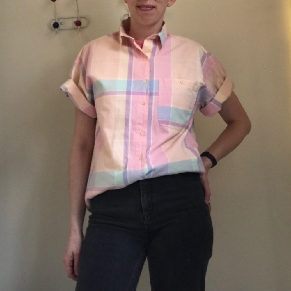Vintage 1980s Oversized Pink Pastel Plaid Shirt